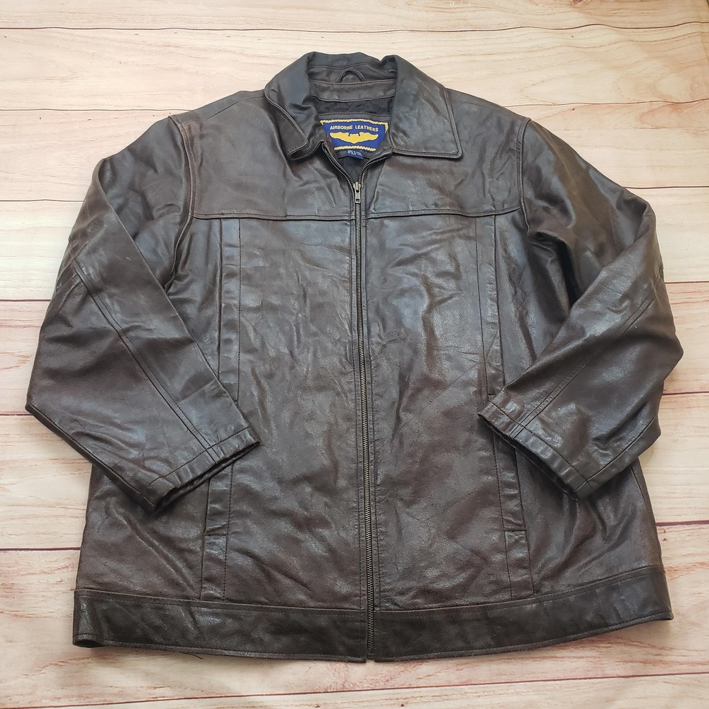 Airborne Leathers Coat Mens XL Brown Leather‎ Zip Lined Overcoat Jacket Casual